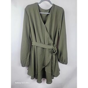 OLIVE green Wrap dress, peasant style sleeves,tie waist, Ruffles bottom,…
